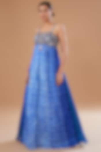 Blue Shibori Organza & Raw Silk Embroidered Anarkali Set by Yashodhara at Pernia's Pop Up Shop