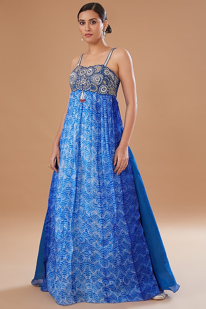 Blue Shibori Organza & Raw Silk Embroidered Anarkali Set by Yashodhara at Pernia's Pop Up Shop