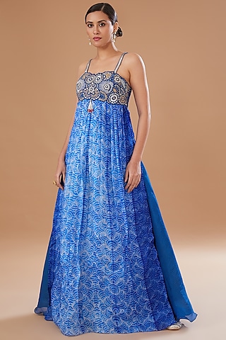 Blue Shibori Organza & Raw Silk Embroidered Anarkali Set by Yashodhara