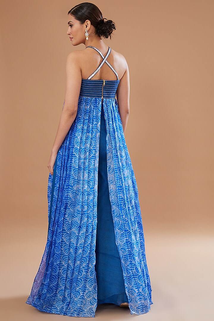 Blue Shibori Organza & Raw Silk Embroidered Wedding Anarkali Set by Yashodhara at Pernia's Pop Up Shop