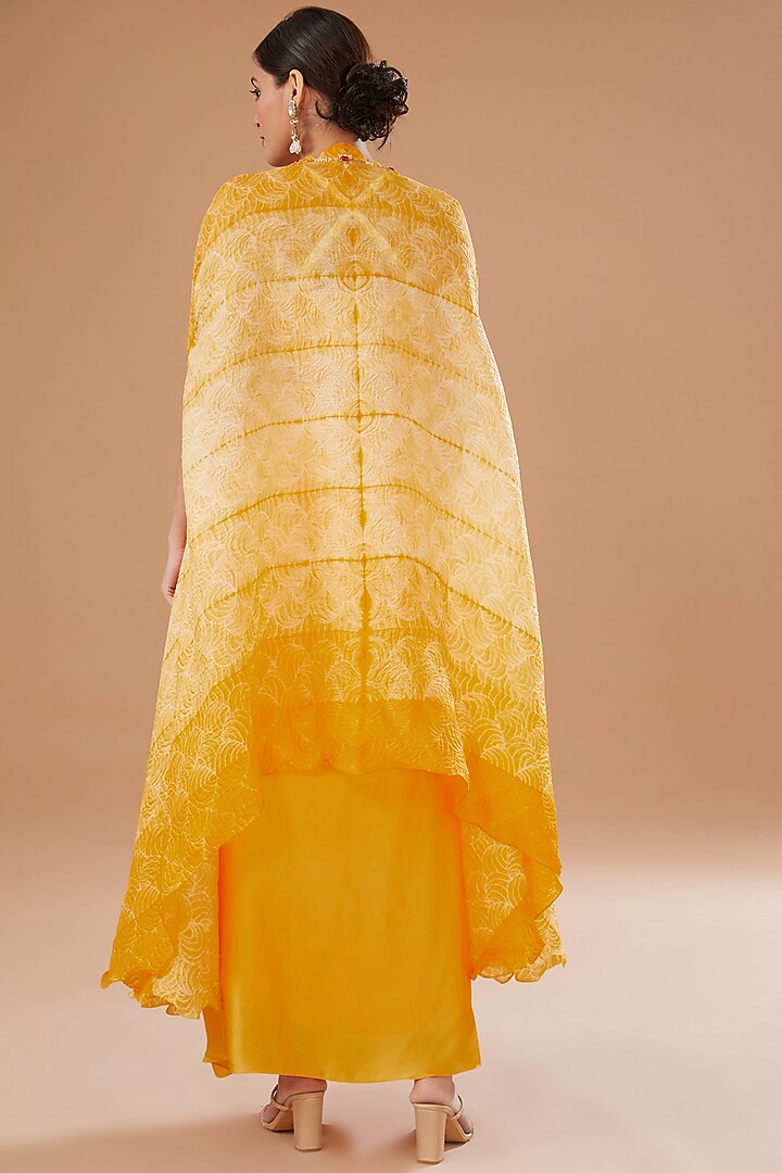 Yellow Shibori Raw Silk & Organza Draped Skirt Set by Yashodhara at Pernia's Pop Up Shop