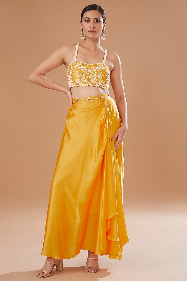 Yellow Shibori Raw Silk & Organza Draped Skirt Set by Yashodhara at Pernia's Pop Up Shop