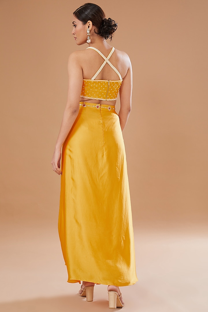 Yellow Shibori Raw Silk & Organza Draped Skirt Set by Yashodhara at Pernia's Pop Up Shop