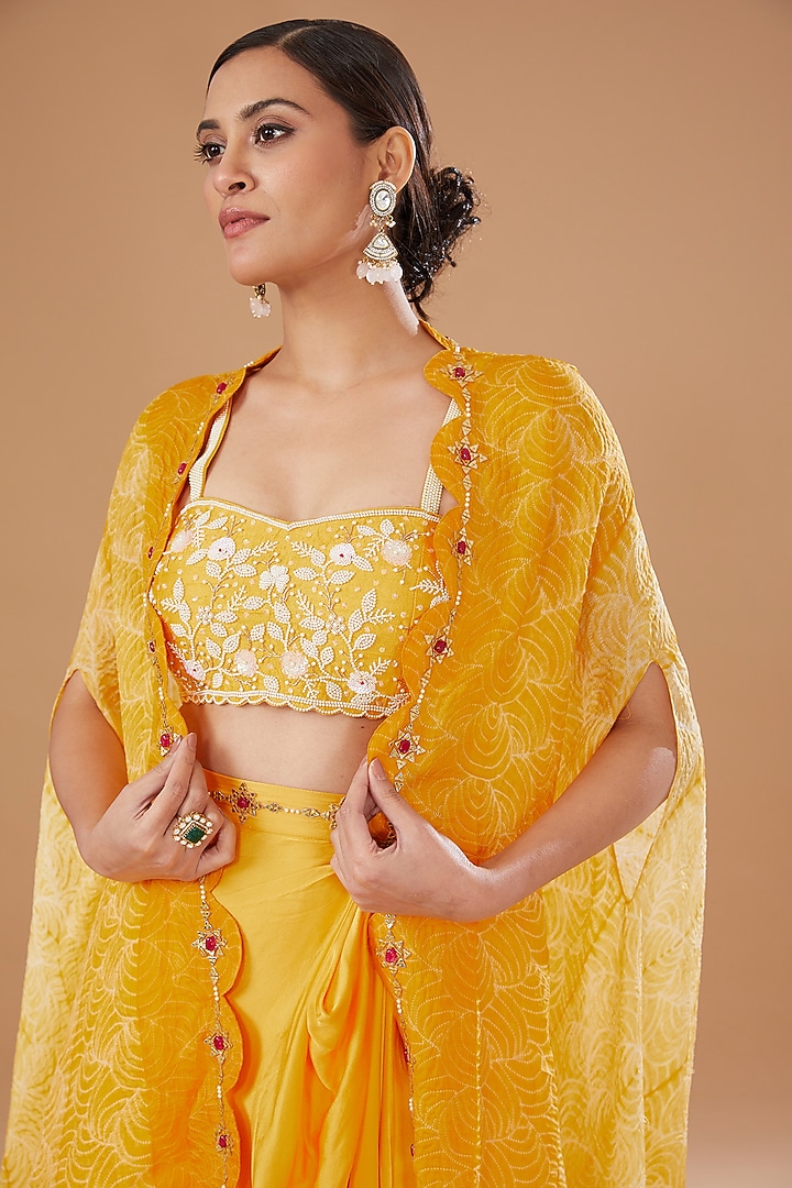 Yellow Shibori Raw Silk & Organza Draped Skirt Set by Yashodhara at Pernia's Pop Up Shop