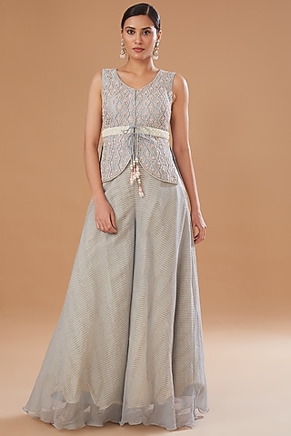 Dull Blue Raw Silk Embroidered Peplum Jacket Set by Yashodhara