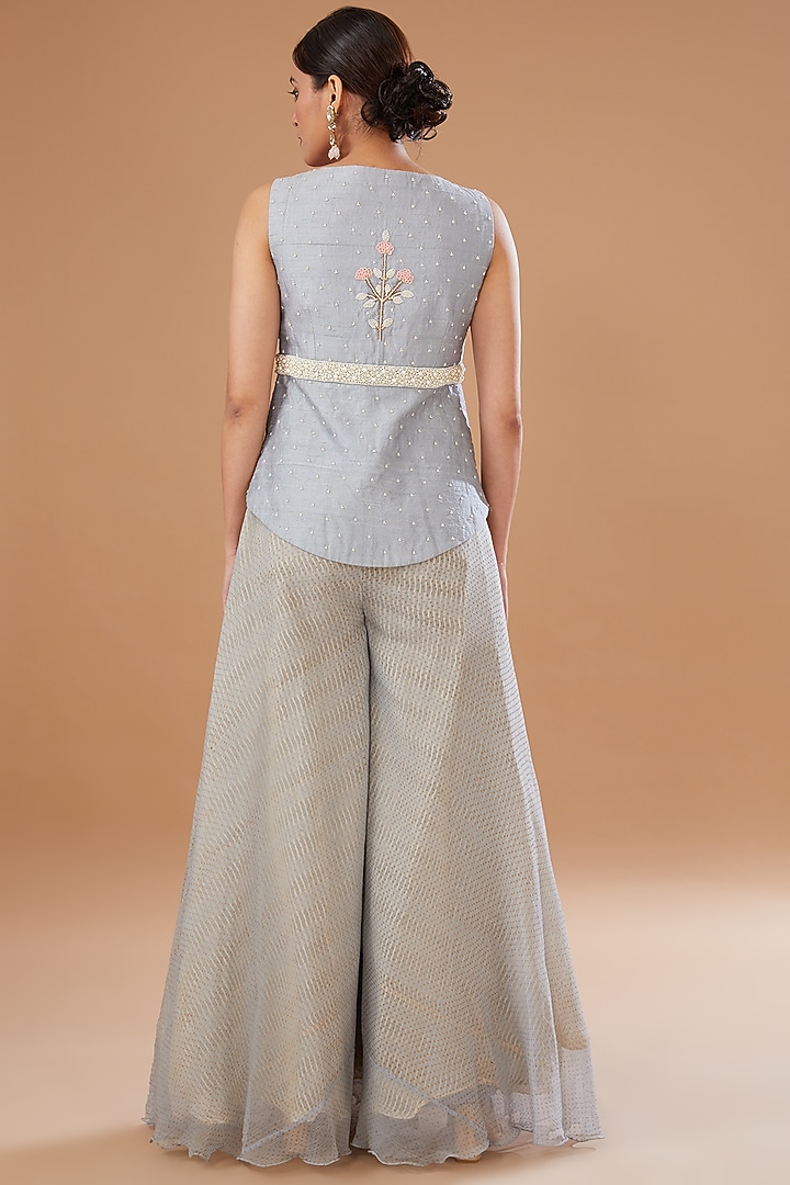 Dull Blue Raw Silk Embroidered Peplum Jacket Set by Yashodhara at Pernia's Pop Up Shop