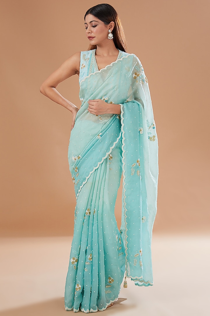 Aqua Blue Organza Shaded Wedding Saree Set by Yashodhara at Pernia's Pop Up Shop