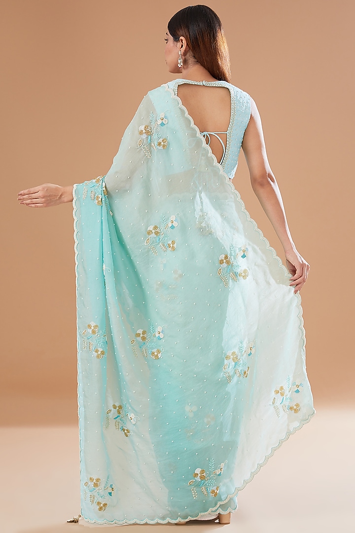 Aqua Blue Organza Shaded Wedding Saree Set by Yashodhara at Pernia's Pop Up Shop