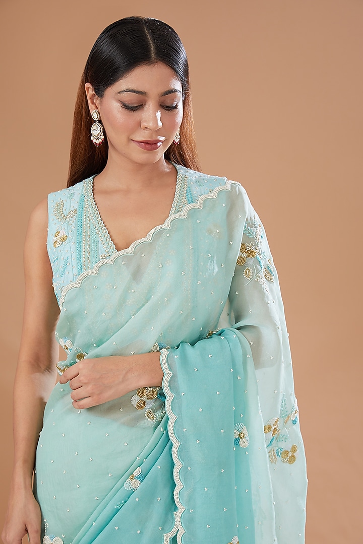 Aqua Blue Organza Shaded Wedding Saree Set by Yashodhara at Pernia's Pop Up Shop
