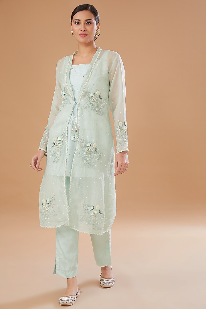 Aqua Blue Organza Embroidered Jacket Set by Yashodhara at Pernia's Pop Up Shop