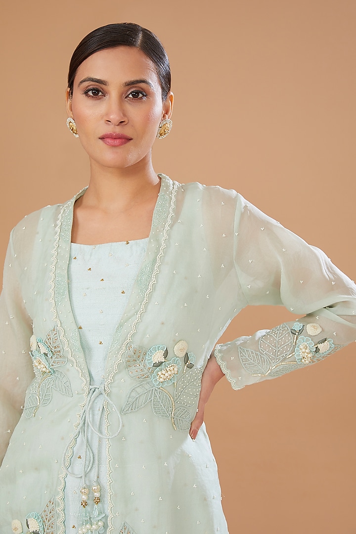 Aqua Blue Organza Embroidered Jacket Set by Yashodhara at Pernia's Pop Up Shop