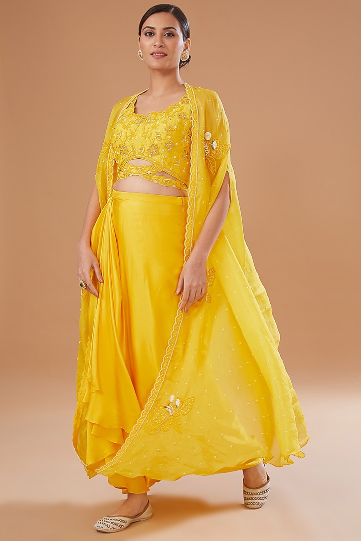 Yellow Raw Silk & Organza Draped Skirt Set by Yashodhara at Pernia's Pop Up Shop