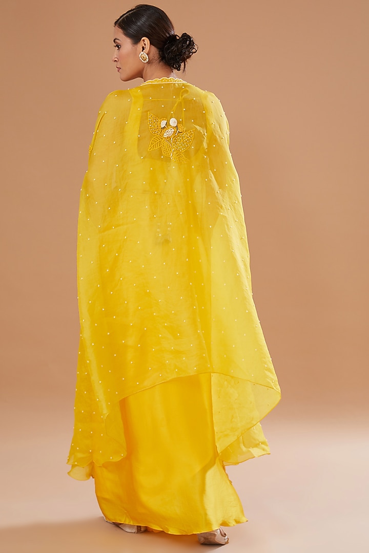 Yellow Raw Silk & Organza Draped Skirt Set by Yashodhara at Pernia's Pop Up Shop