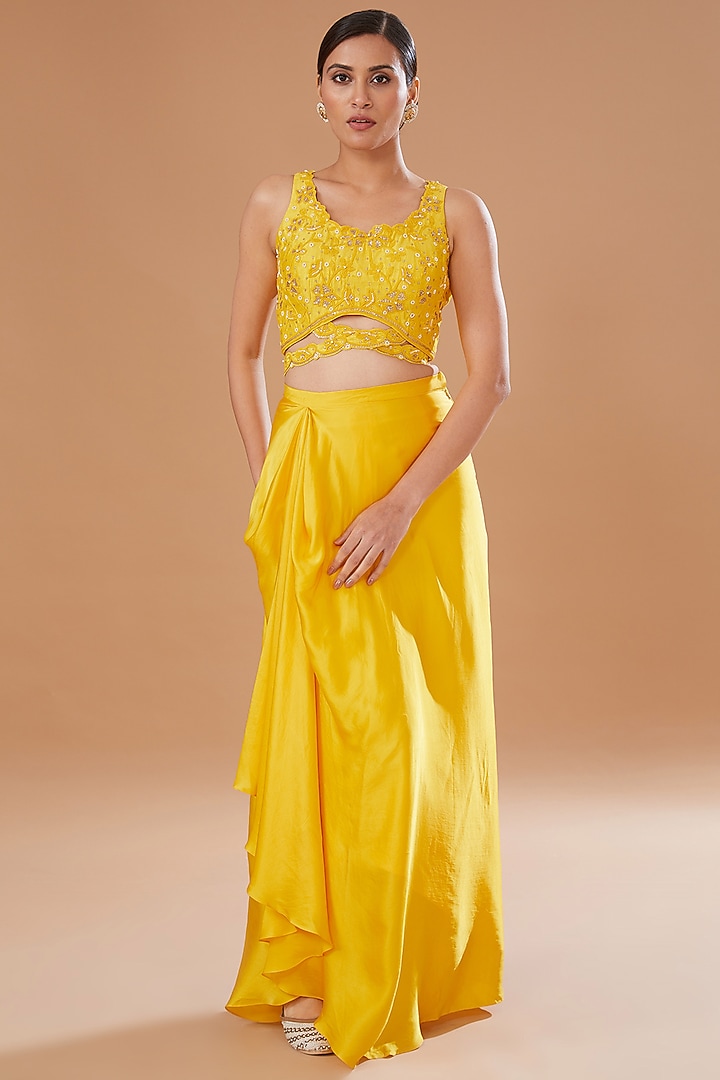 Yellow Raw Silk & Organza Draped Skirt Set by Yashodhara at Pernia's Pop Up Shop