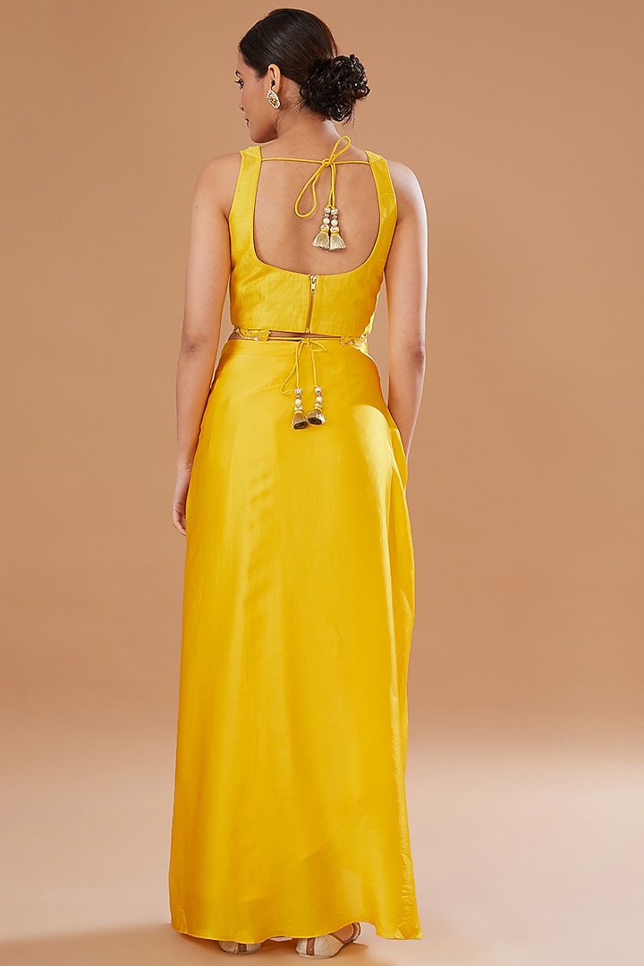 Yellow Raw Silk & Organza Draped Skirt Set by Yashodhara at Pernia's Pop Up Shop