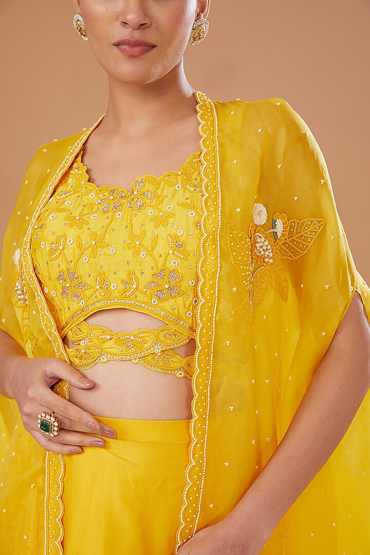 Yellow Raw Silk & Organza Draped Skirt Set by Yashodhara at Pernia's Pop Up Shop