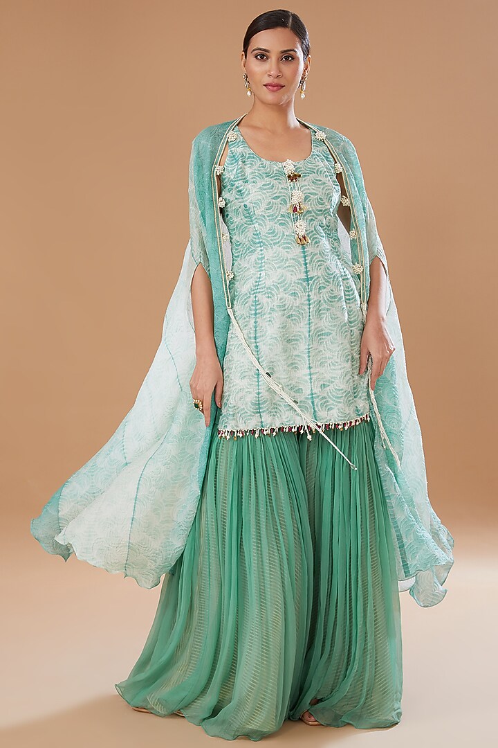 Eco Green Raw Silk Shibori Embroidered Kurta Set by Yashodhara at Pernia's Pop Up Shop