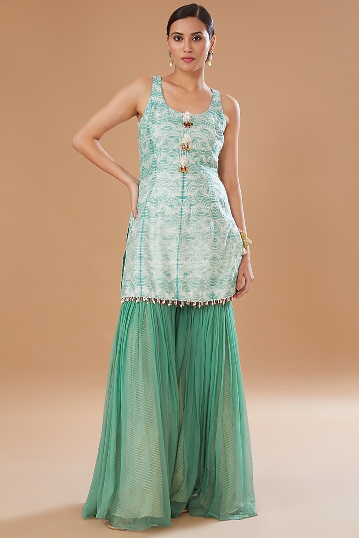 Eco Green Raw Silk Shibori Embroidered Kurta Set by Yashodhara at Pernia's Pop Up Shop