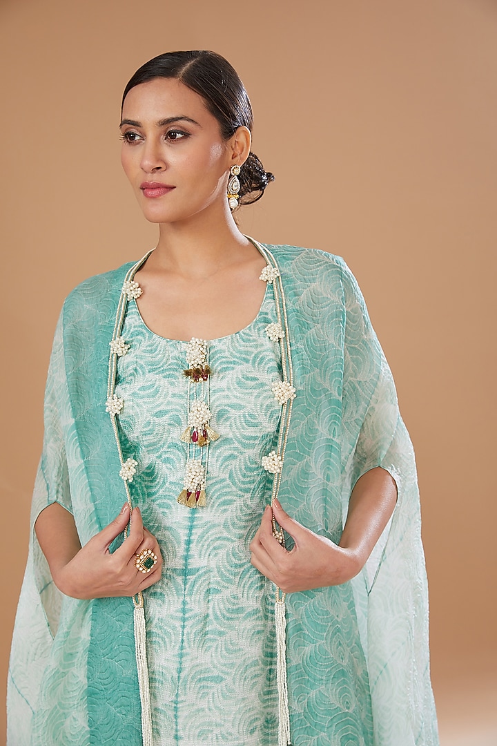 Eco Green Raw Silk Shibori Embroidered Kurta Set by Yashodhara at Pernia's Pop Up Shop