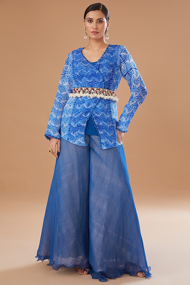 Blue Organza Shibori Embroidered Jacket Set by Yashodhara at Pernia's Pop Up Shop