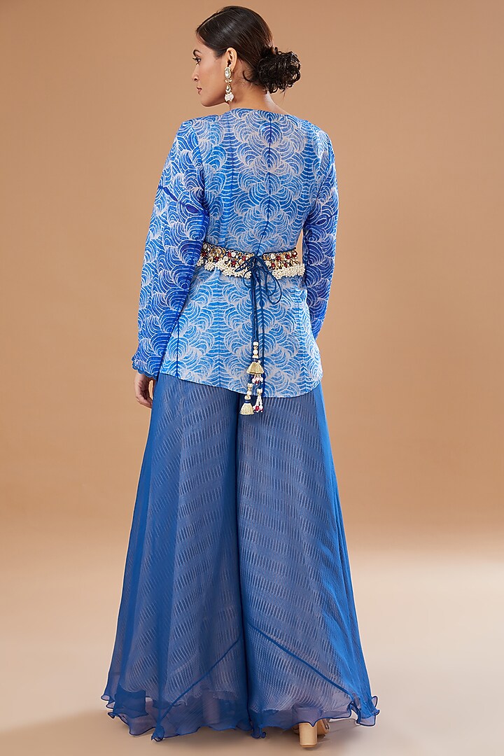 Blue Organza Shibori Embroidered Jacket Set by Yashodhara at Pernia's Pop Up Shop