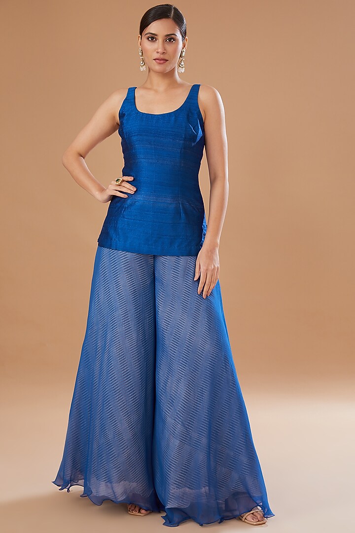 Blue Organza Shibori Embroidered Jacket Set by Yashodhara at Pernia's Pop Up Shop