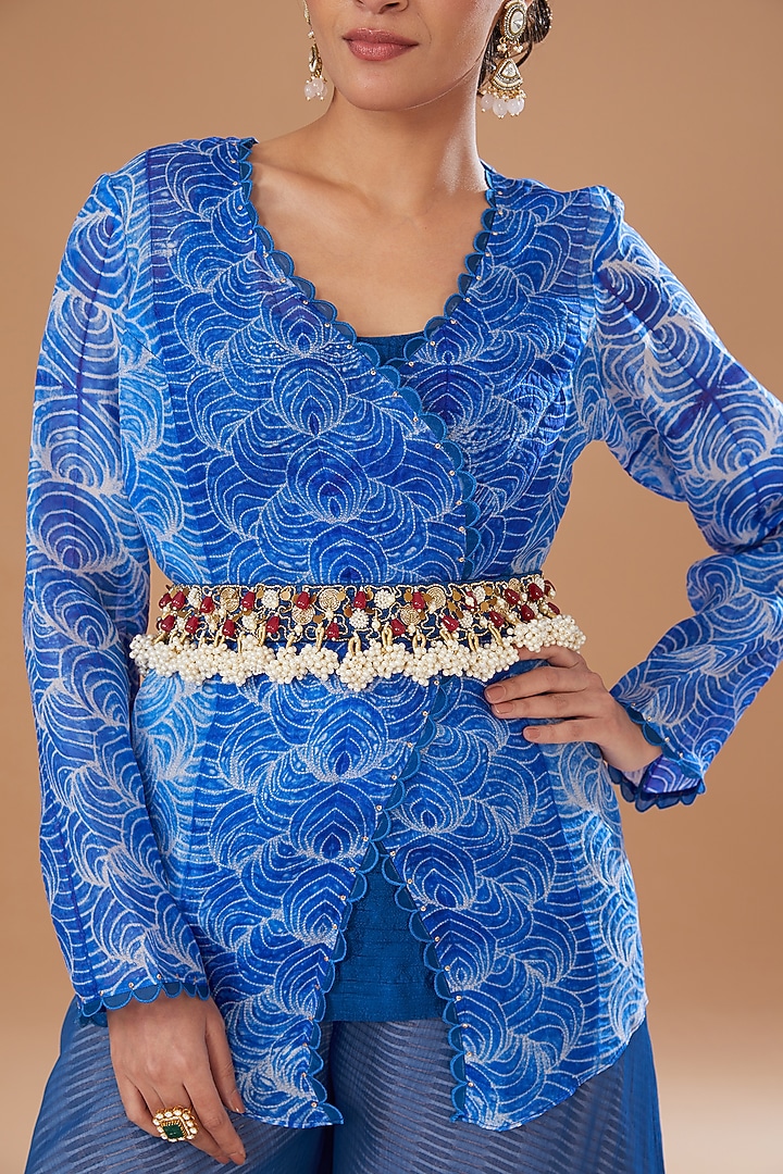 Blue Organza Shibori Embroidered Jacket Set by Yashodhara at Pernia's Pop Up Shop