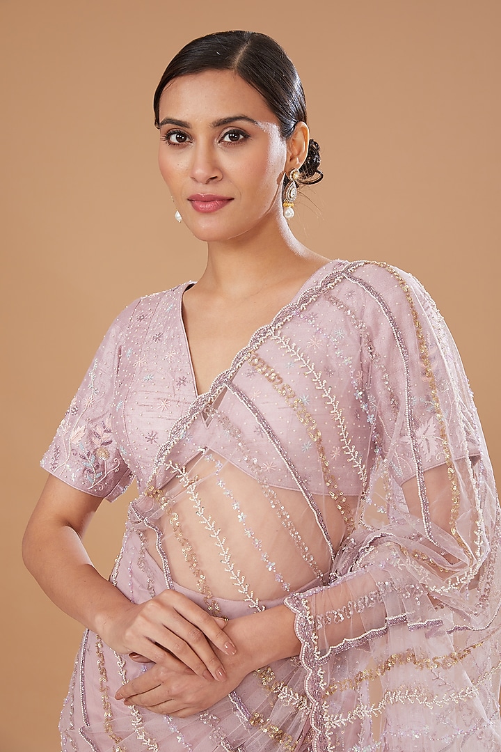 Lilac Net Embroidered Wedding Saree Set by Yashodhara at Pernia's Pop Up Shop