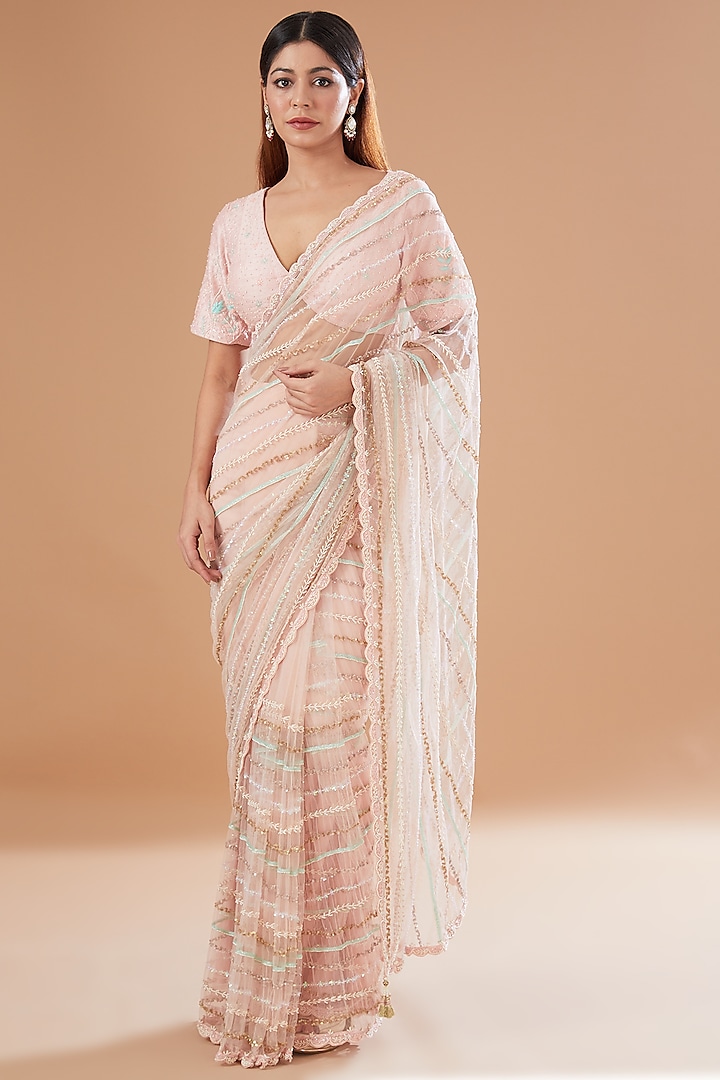 Pink Net Embroidered Wedding Saree Set by Yashodhara at Pernia's Pop Up Shop