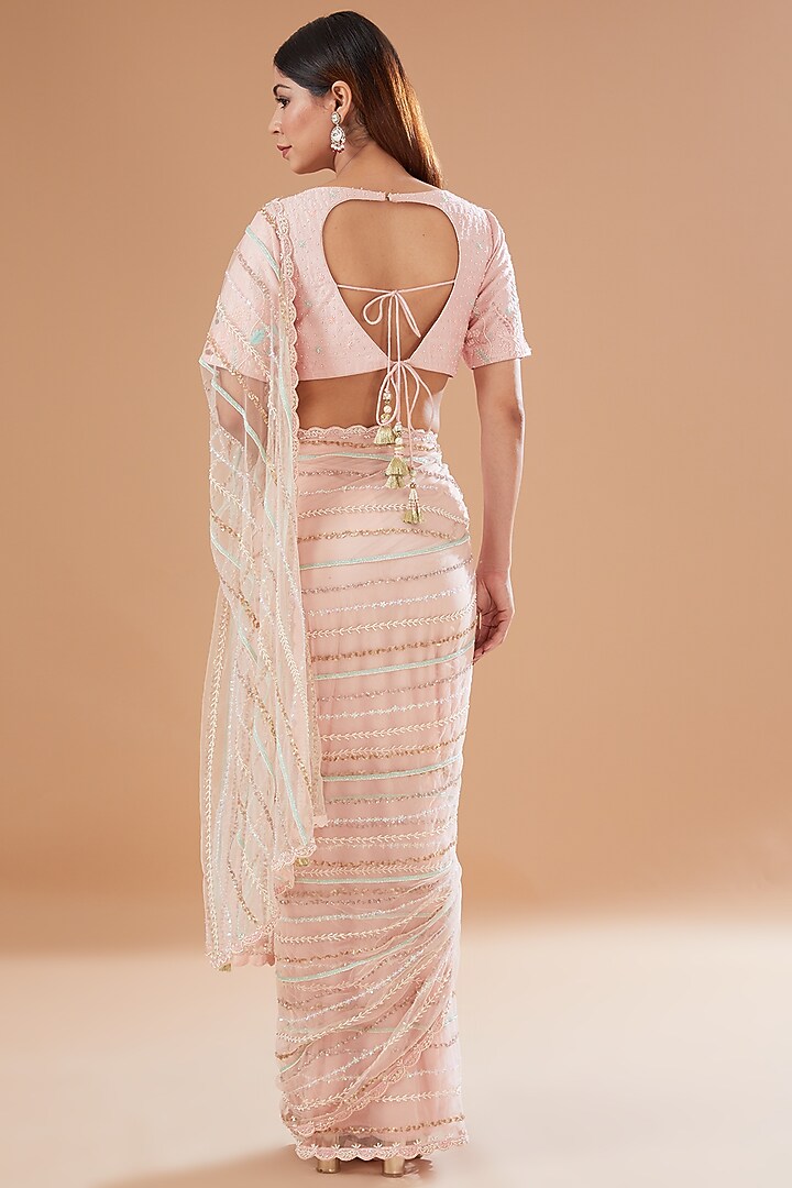 Pink Net Embroidered Wedding Saree Set by Yashodhara at Pernia's Pop Up Shop