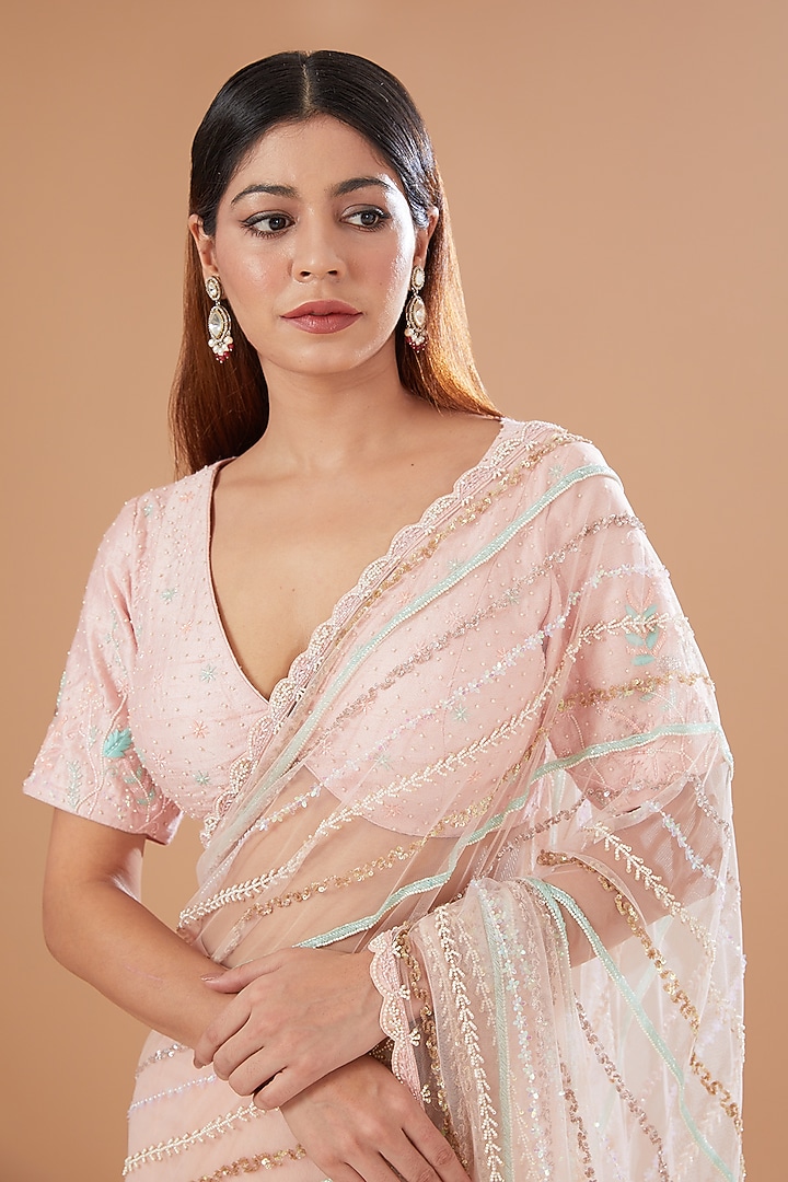Pink Net Embroidered Wedding Saree Set by Yashodhara at Pernia's Pop Up Shop