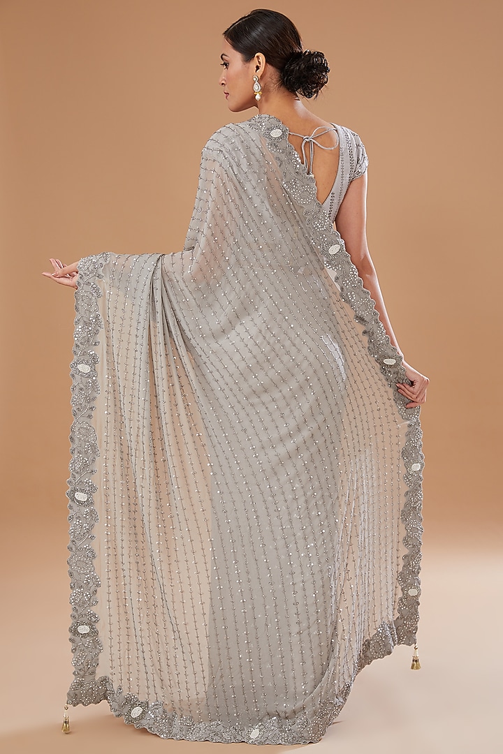Grey Chiffon Reception Saree Set by Yashodhara at Pernia's Pop Up Shop