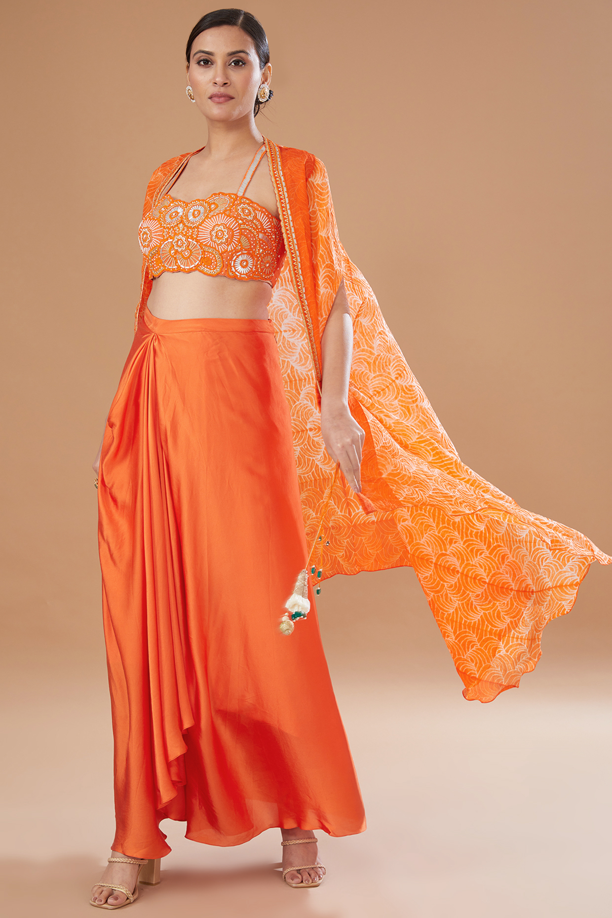 Orange Shibori Raw Silk & Organza Draped Skirt Set by Yashodhara at Pernia's Pop Up Shop