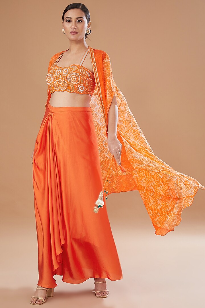 Orange Shibori Raw Silk & Organza Draped Skirt Set by Yashodhara at Pernia's Pop Up Shop