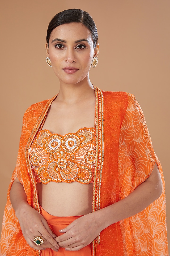 Orange Shibori Raw Silk & Organza Draped Skirt Set by Yashodhara at Pernia's Pop Up Shop