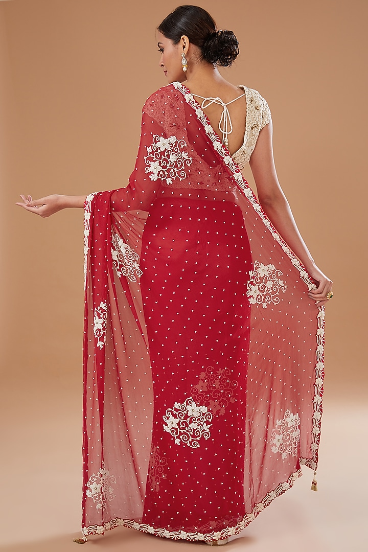 Red Chiffon Wedding Saree Set by Yashodhara at Pernia's Pop Up Shop