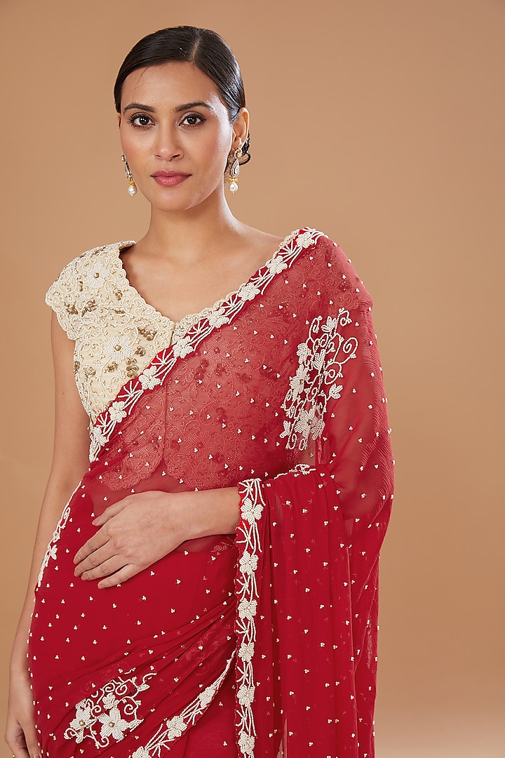 Red Chiffon Wedding Saree Set by Yashodhara at Pernia's Pop Up Shop