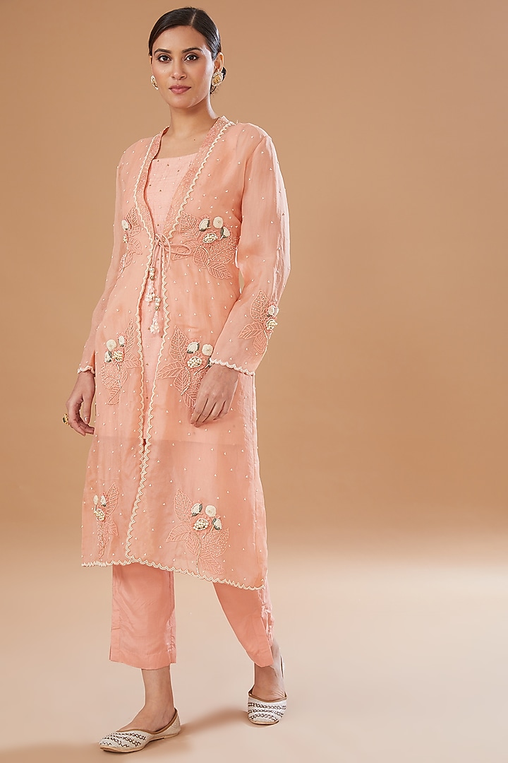 Peach Organza Embroidered Jacket Set by Yashodhara at Pernia's Pop Up Shop