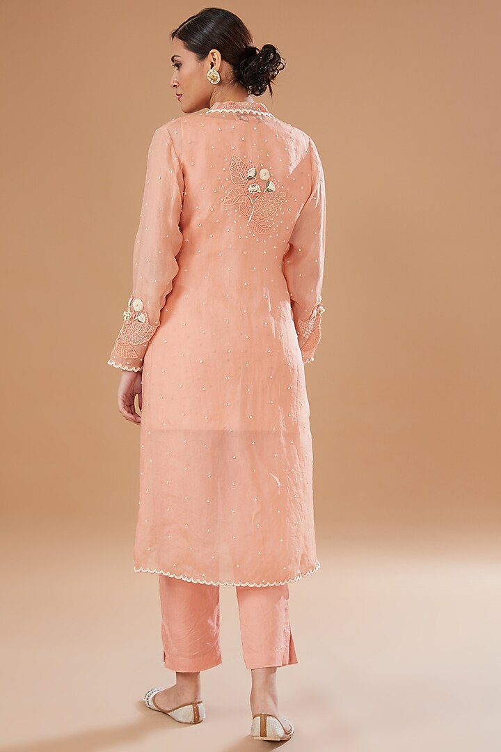 Peach Organza Embroidered Jacket Set by Yashodhara at Pernia's Pop Up Shop
