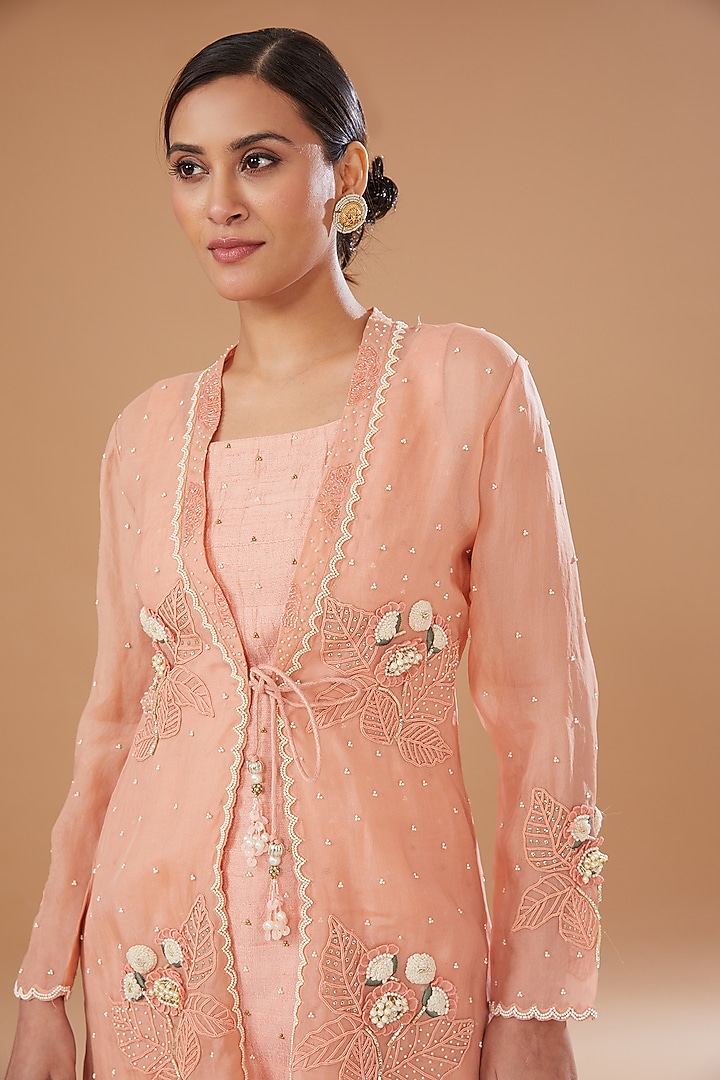 Peach Organza Embroidered Jacket Set by Yashodhara at Pernia's Pop Up Shop