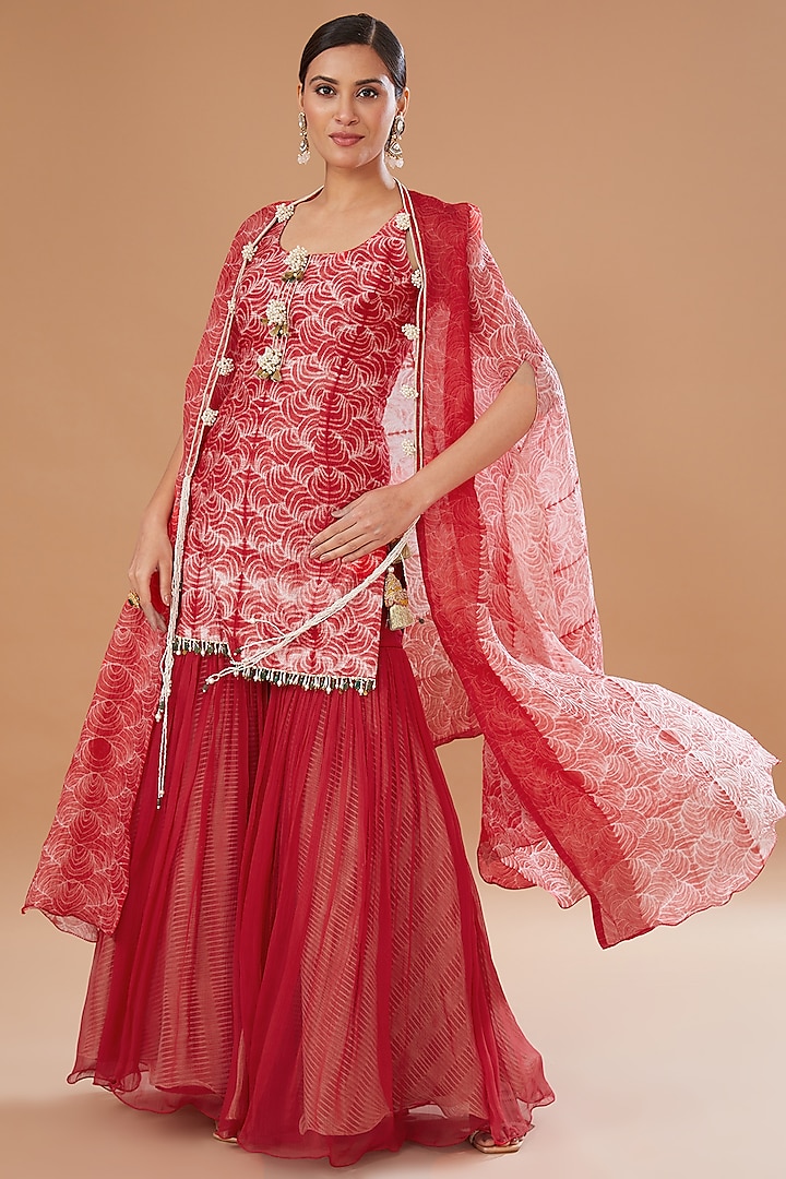 Red Chiffon & Organza Gharara Set by Yashodhara at Pernia's Pop Up Shop