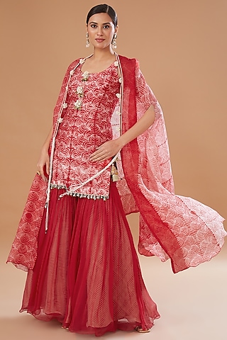 Red Chiffon & Organza Gharara Set by Yashodhara