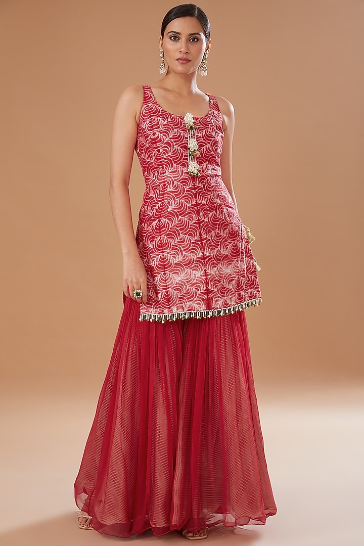 Red Chiffon & Organza Gharara Set by Yashodhara at Pernia's Pop Up Shop