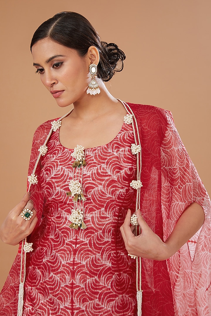 Red Chiffon & Organza Gharara Set by Yashodhara at Pernia's Pop Up Shop