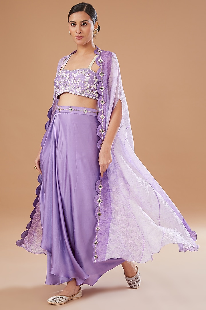 Lilac Raw Silk & Organza Draped Skirt Set by Yashodhara at Pernia's Pop Up Shop