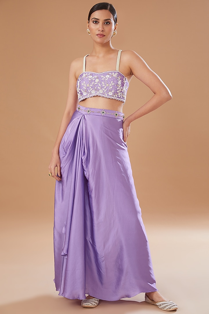 Lilac Raw Silk & Organza Draped Skirt Set by Yashodhara at Pernia's Pop Up Shop