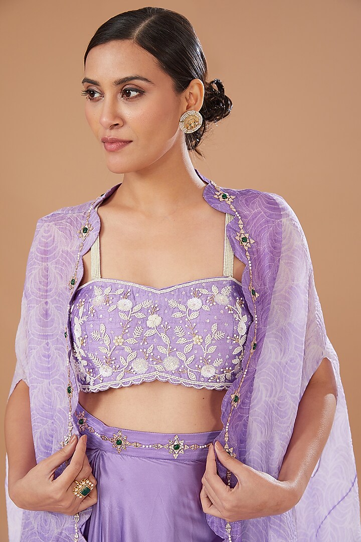 Lilac Raw Silk & Organza Draped Skirt Set by Yashodhara at Pernia's Pop Up Shop