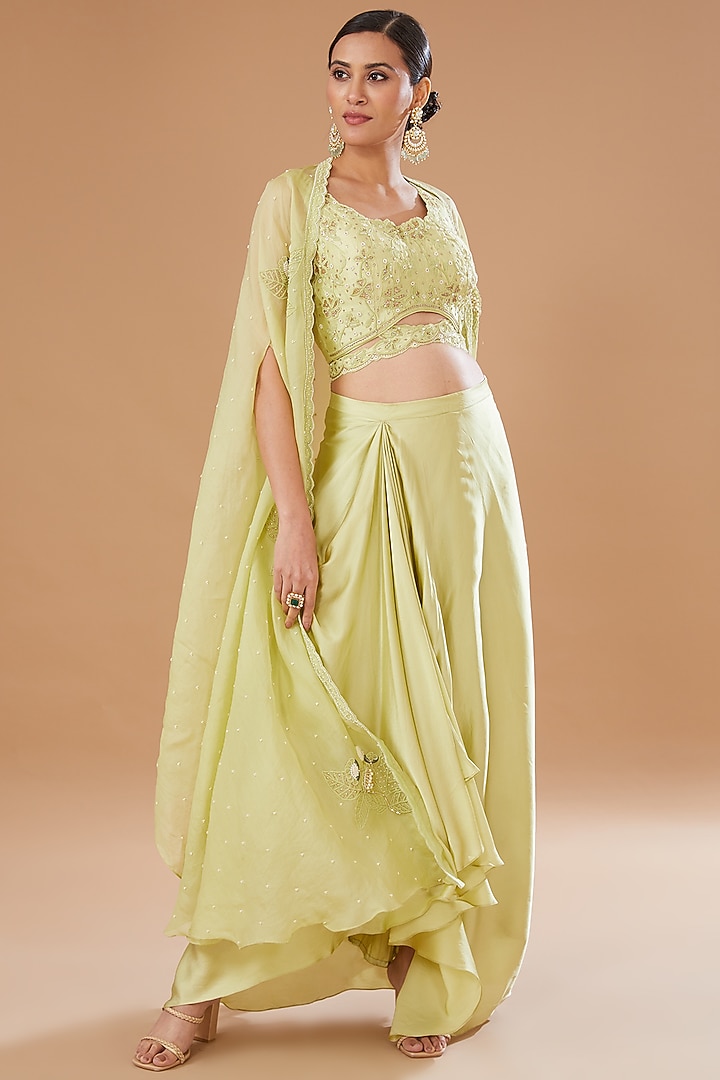 Jade Green Raw Silk & Organza Draped Skirt Set by Yashodhara at Pernia's Pop Up Shop