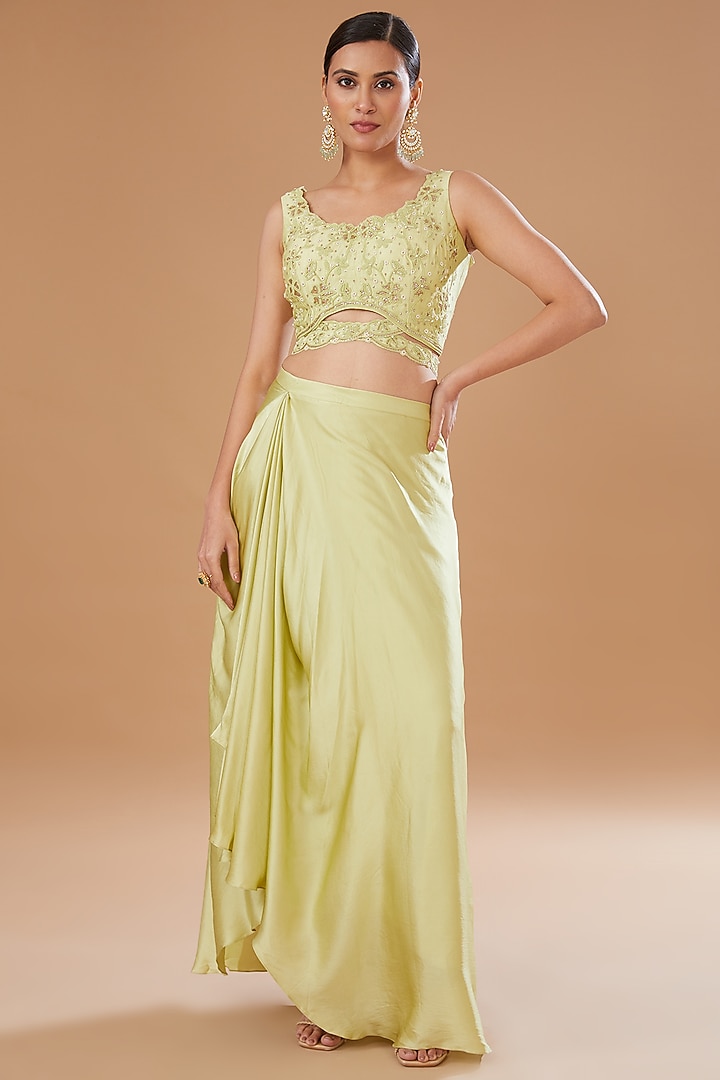 Jade Green Raw Silk & Organza Draped Skirt Set by Yashodhara at Pernia's Pop Up Shop
