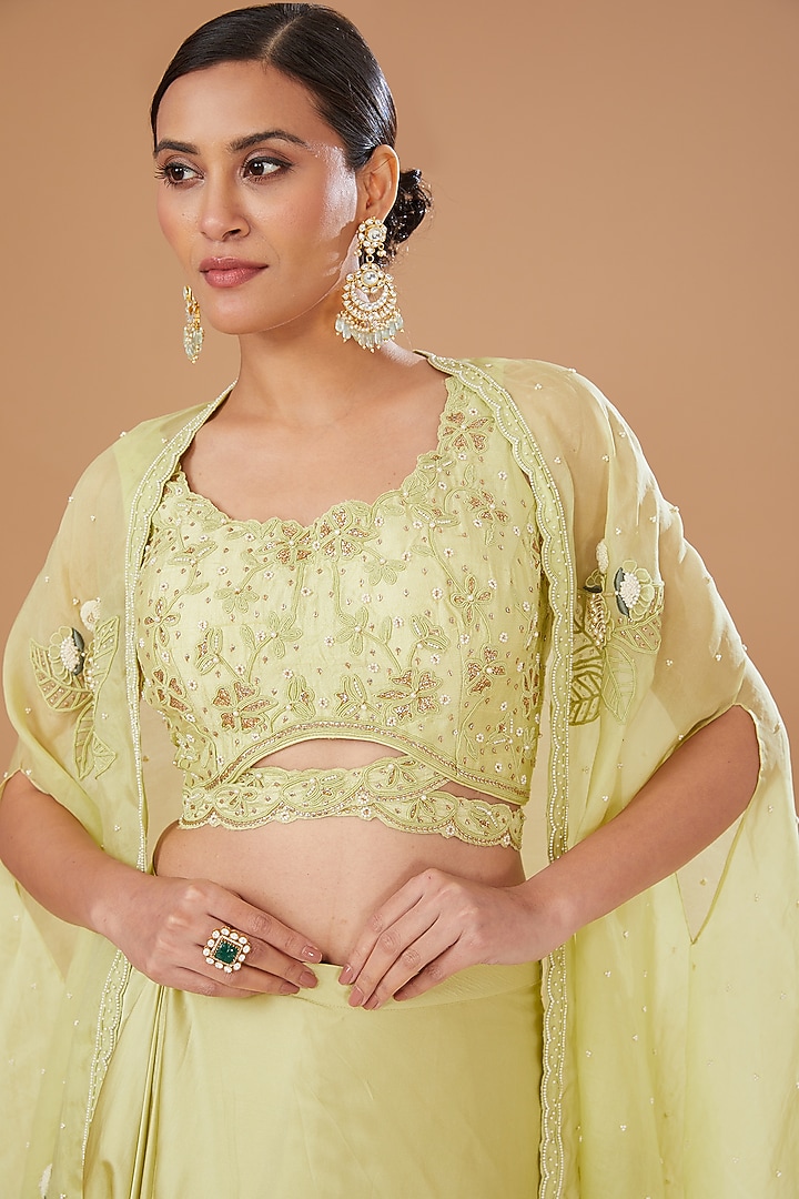 Jade Green Raw Silk & Organza Draped Skirt Set by Yashodhara at Pernia's Pop Up Shop
